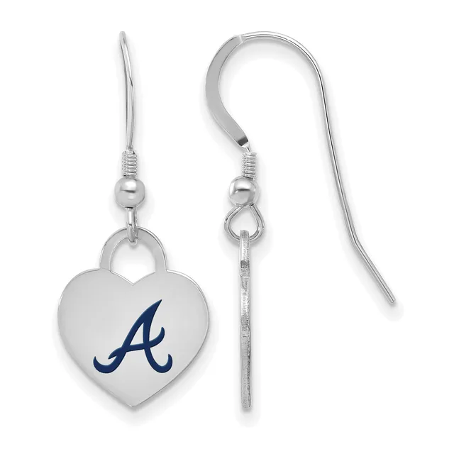 A pair of silver-toned heart-shaped earrings with a blue "A" logo, shown from front and side views with fish hook wire closures.