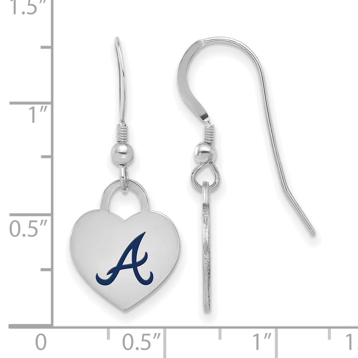 A pair of silver heart-shaped earrings with a blue initial "A" displayed next to a measurement ruler showing approximately one inch in length.