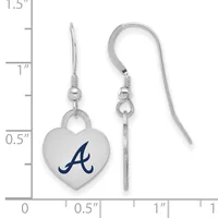 A pair of silver heart-shaped earrings with a blue initial "A" displayed next to a measurement ruler showing approximately one inch in length.