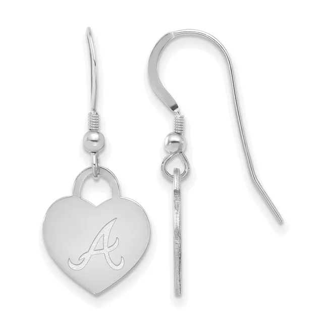 Pair of silver heart-shaped earrings with an engraved letter A, suspended from curved ear wires with small beads.