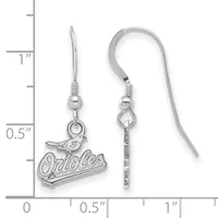 Pair of silver-toned dangle earrings with bird and script design, shown next to ruler indicating approximately one inch in length.