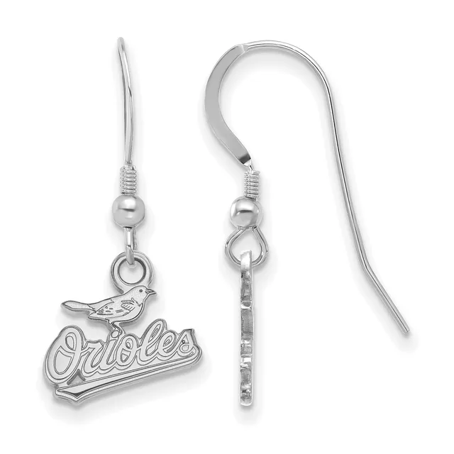 A pair of silver-toned fish hook earrings with ball and coil posts, featuring a bird charm above script text on each earring.