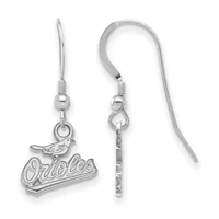 A pair of silver-toned fish hook earrings with ball and coil posts, featuring a bird charm above script text on each earring.