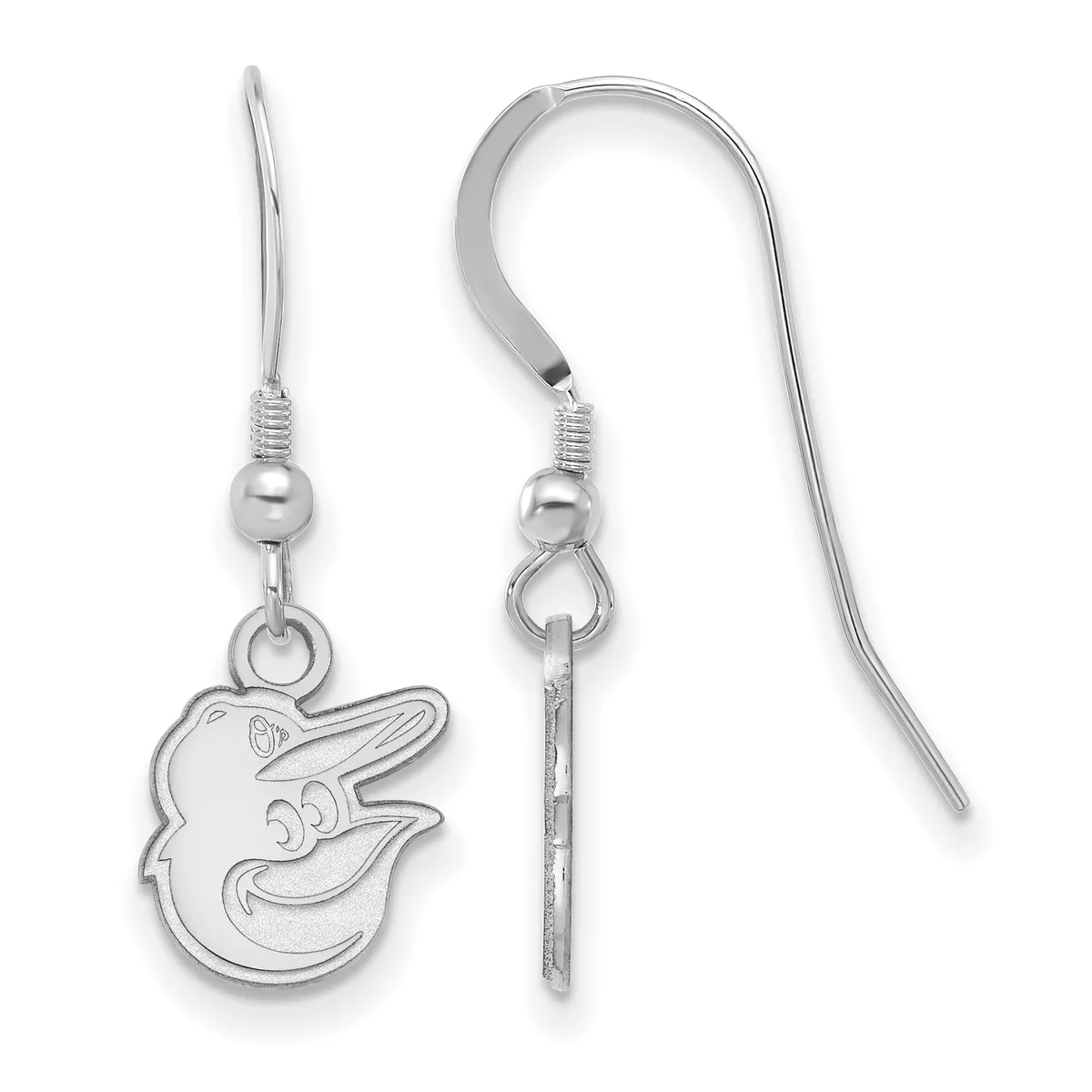 Pair of silver dangle earrings with fish-shaped charms hanging from curved ear wires with decorative ball and coil details.