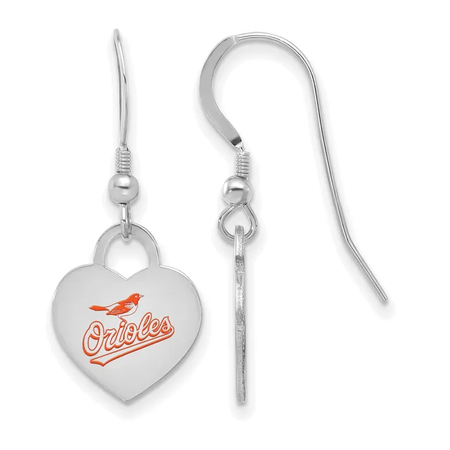 A pair of silver-toned heart-shaped dangle earrings with fish hook wires, featuring orange enamel lettering and a bird design on the front.