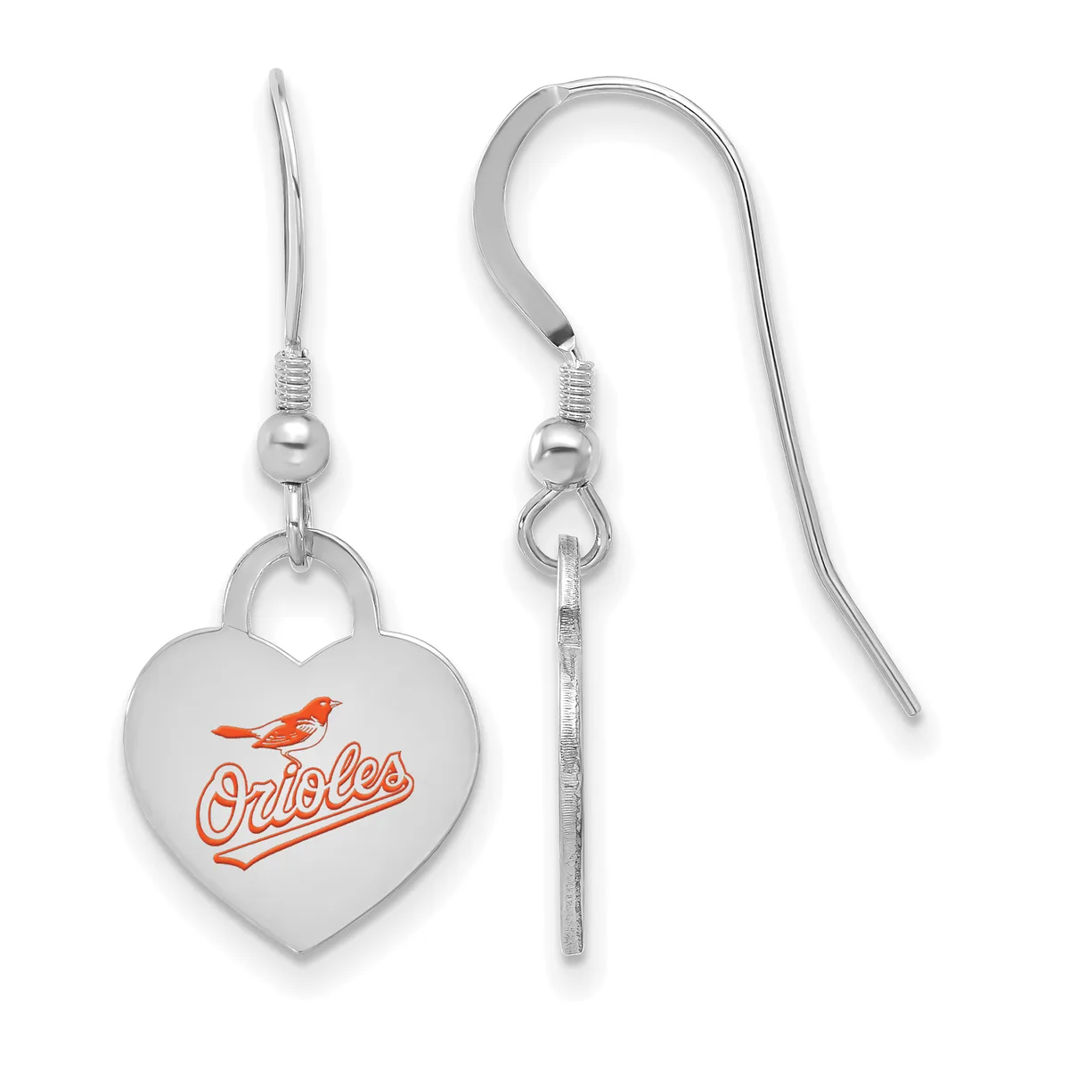 A pair of silver-toned heart-shaped dangle earrings with fish hook wires, featuring orange enamel lettering and a bird design on the front.