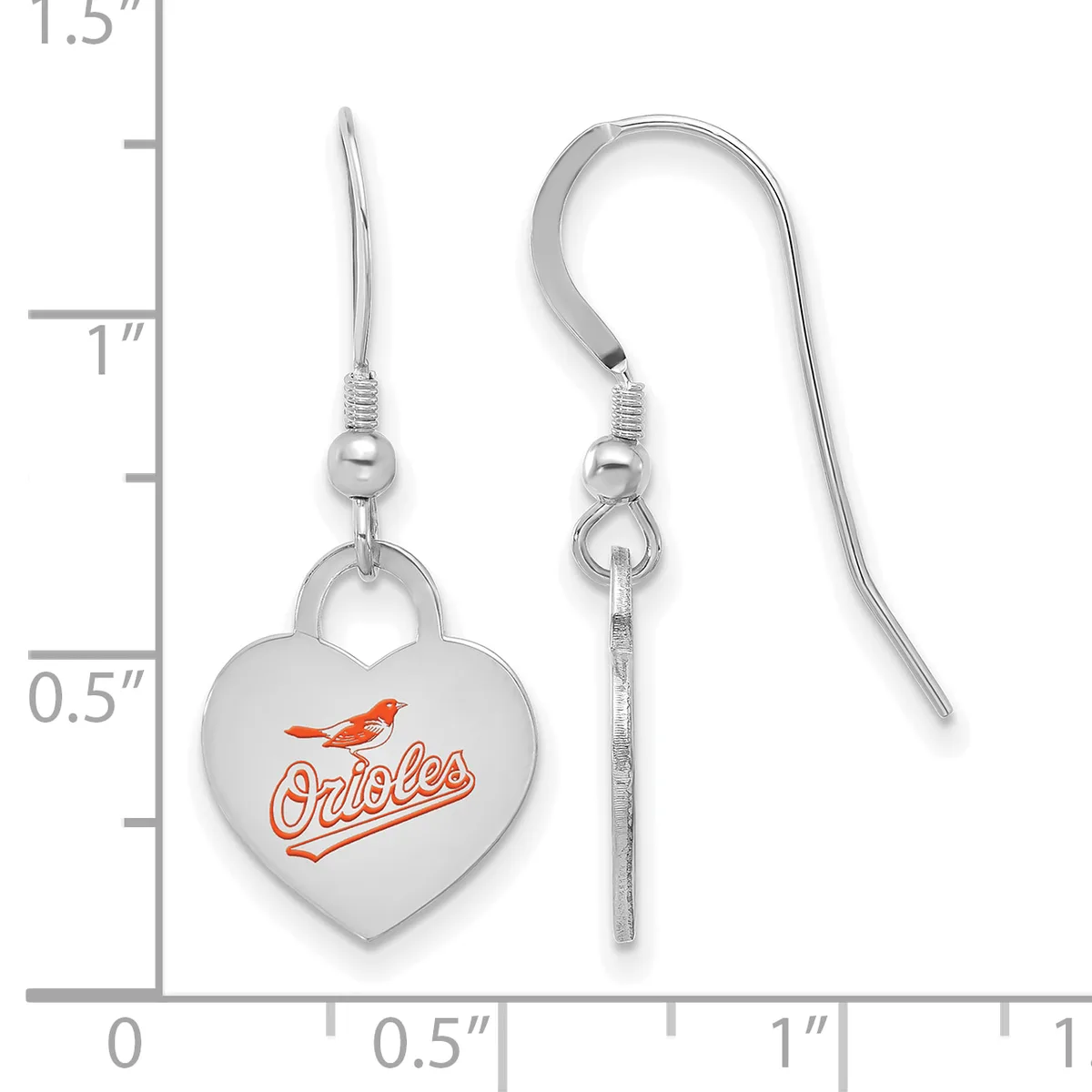 A pair of silver-toned heart-shaped dangle earrings with orange enamel design, displayed next to a measurement ruler showing approximately one inch in length.