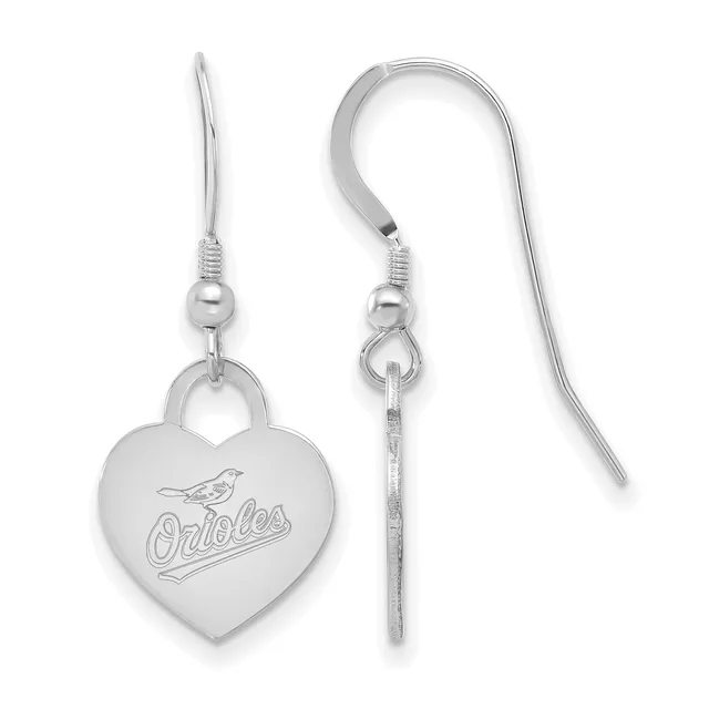 A pair of sterling silver heart-shaped earrings with engraved baseball team logo, suspended from wire hooks with ball and post connectors.