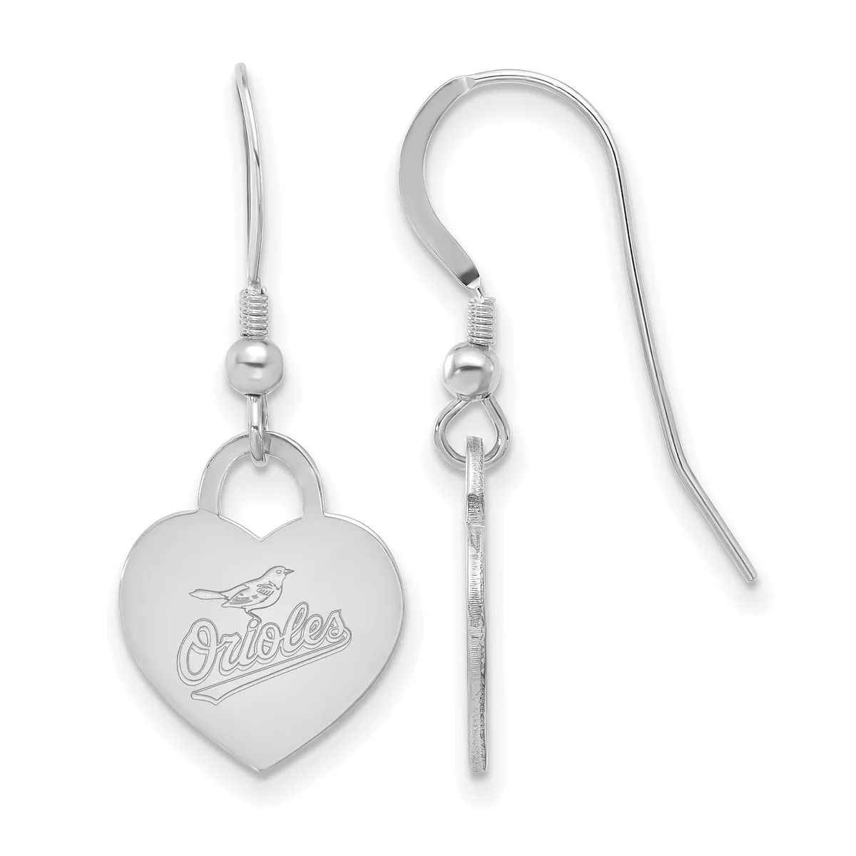 A pair of sterling silver heart-shaped earrings with engraved baseball team logo, suspended from wire hooks with ball and post connectors.