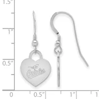 A pair of silver heart-shaped dangle earrings with engraved bird and text design, shown next to a measurement ruler indicating approximately 1.25 inches in length.