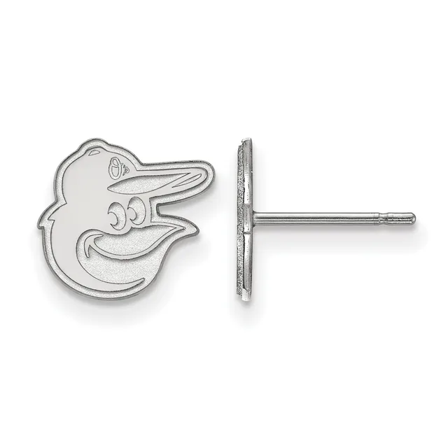 A pair of silver stud earrings shaped like an oriole bird's head, shown from front and side views with a post and backing visible.
