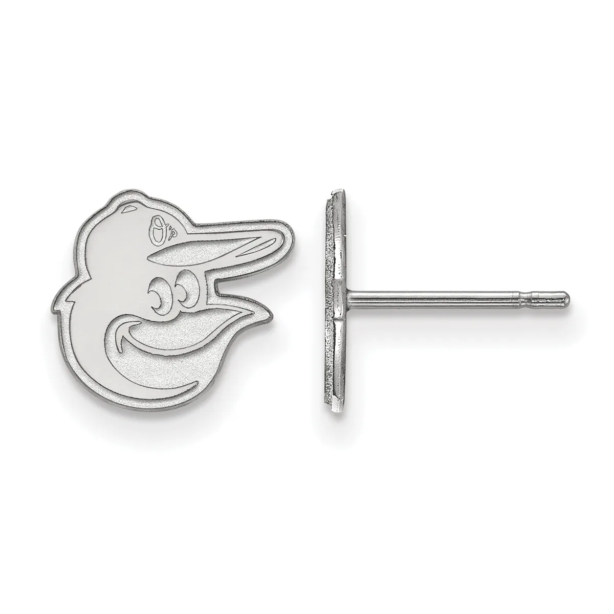 A pair of silver stud earrings shaped like an oriole bird's head, shown from front and side views with a post and backing visible.