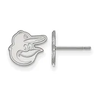 A pair of silver stud earrings shaped like an oriole bird's head, shown from front and side views with a post and backing visible.