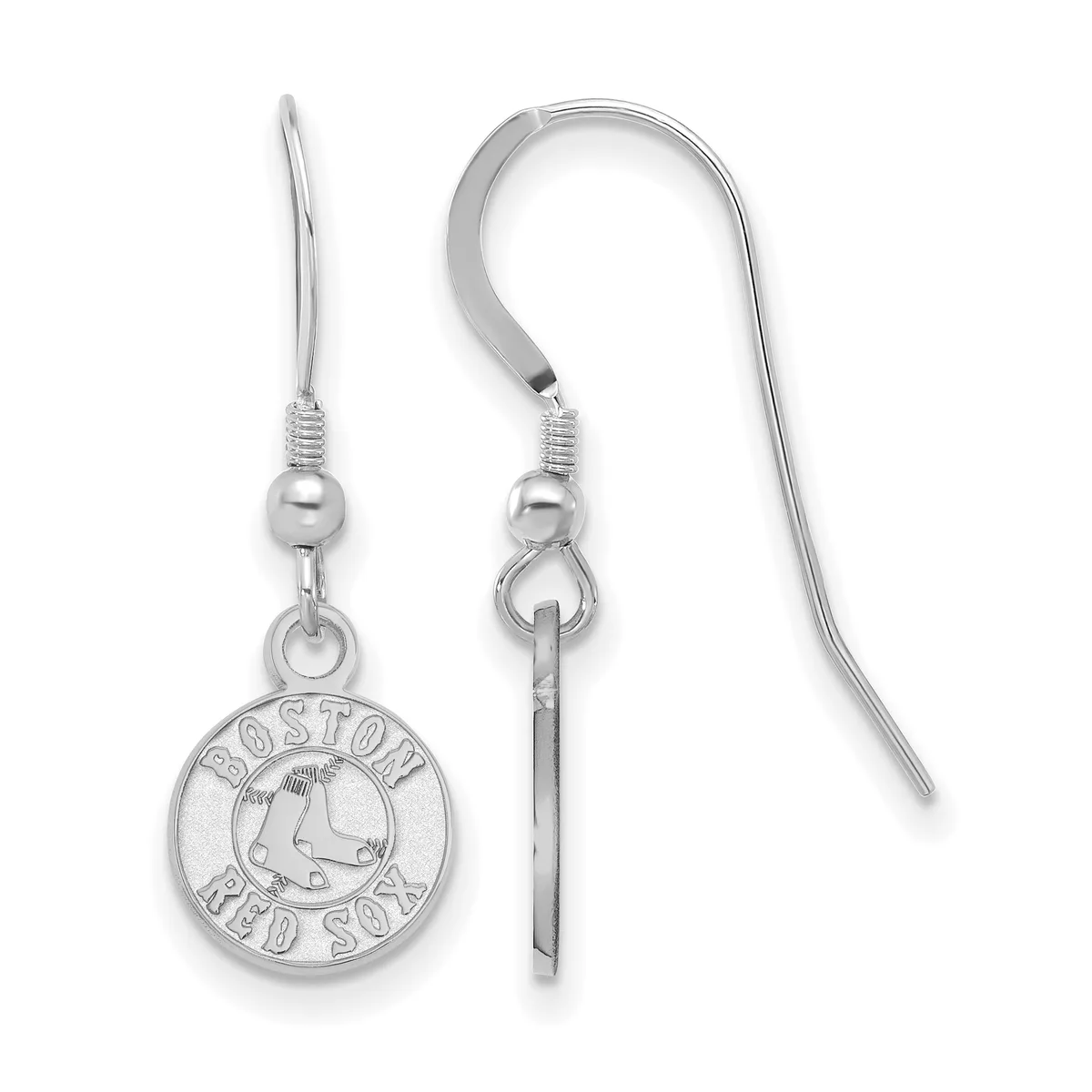 A pair of silver dangle earrings with fishhook wires, each featuring a circular charm with a team logo and text around the rim.