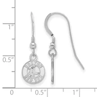 Two silver-toned dangle earrings with fish hook wires, each featuring a round charm with a baseball team logo and a small decorative bar, shown against a measurement scale.