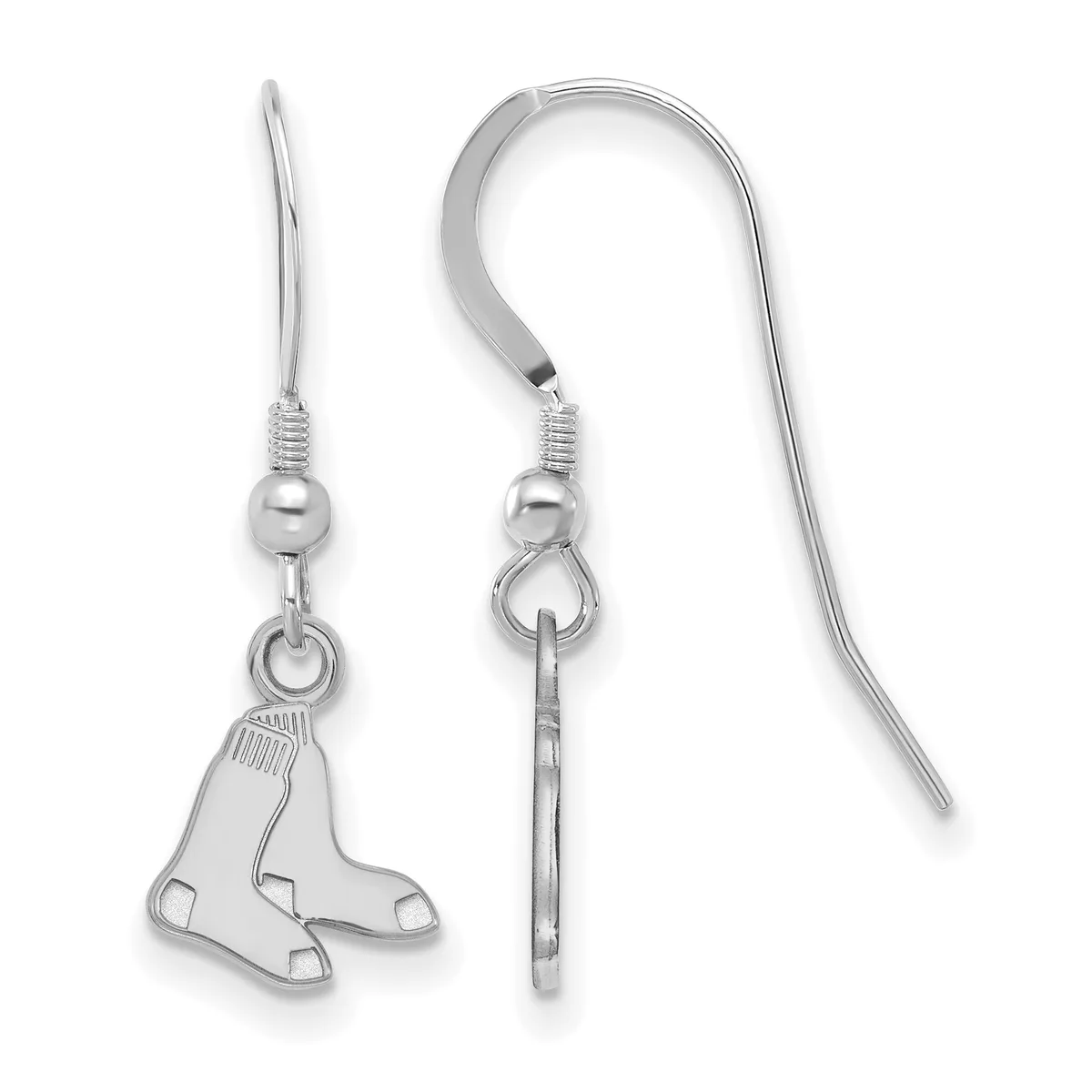 A pair of silver-toned baseball-themed dangle earrings with fish hook ear wires, displayed front and back views.