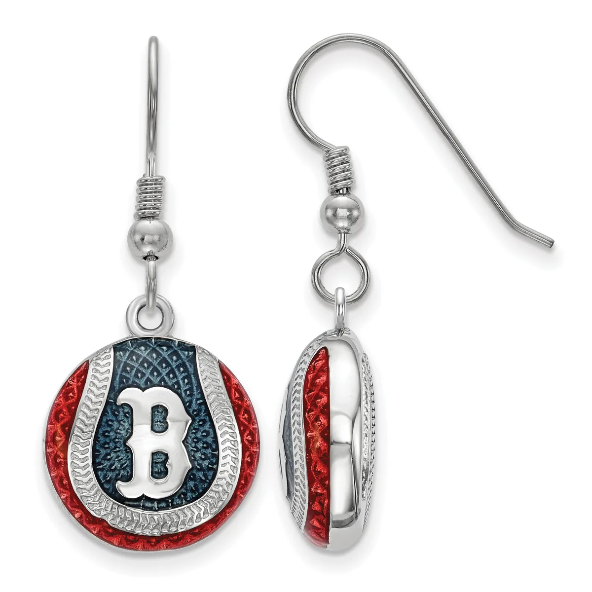 Pair of silver-tone dangle earrings with red and blue enameled circular pendants featuring a white "B" initial, shown from front and side views.