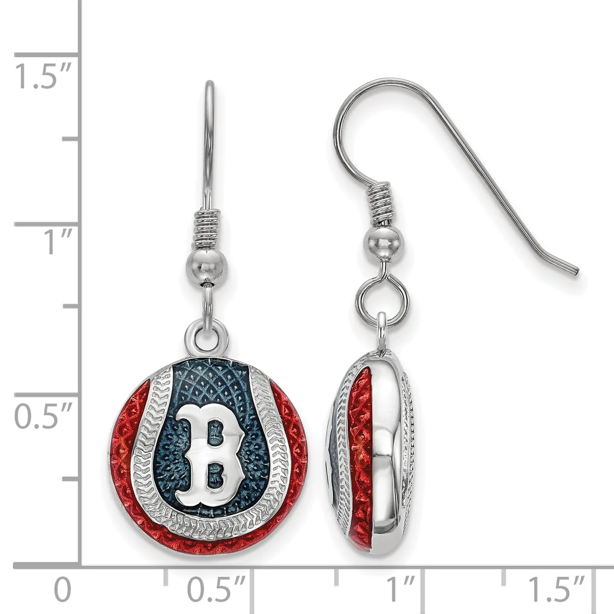 A pair of red, white, and navy blue baseball-themed dangle earrings with a "B" logo, shown next to a measurement scale.