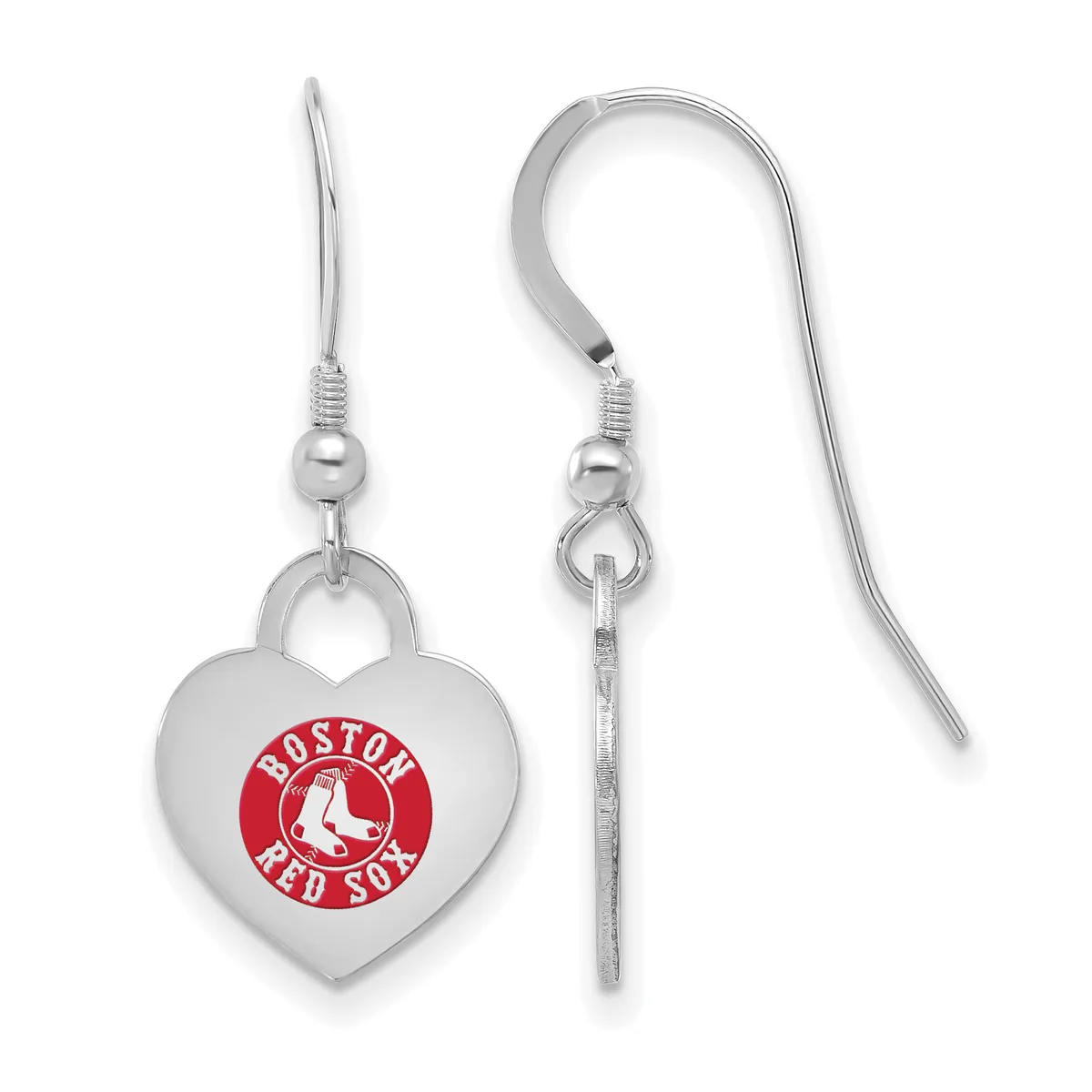 Pair of silver-toned heart-shaped dangle earrings with a red circular logo featuring a white baseball player silhouette, shown front and side view.