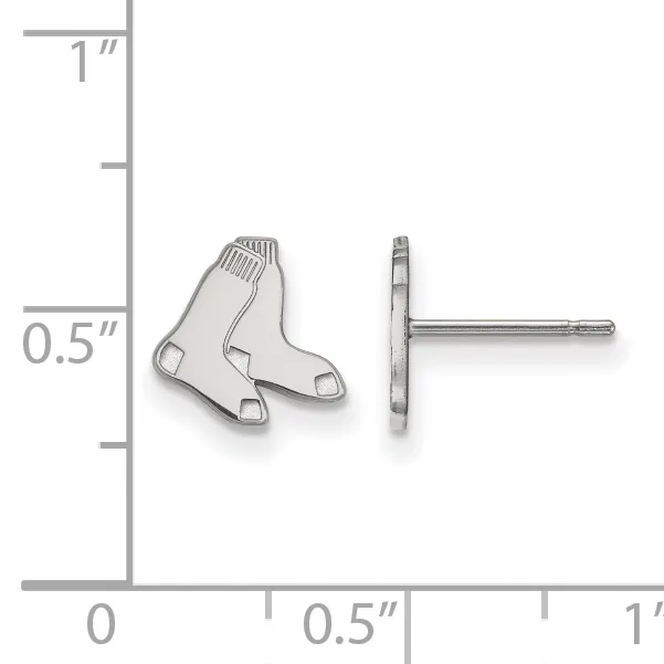 Silver baseball socks stud earrings shown front and side view next to a ruler measuring approximately 0.5 inches tall.