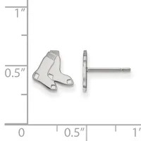 Silver baseball socks stud earrings shown front and side view next to a ruler measuring approximately 0.5 inches tall.