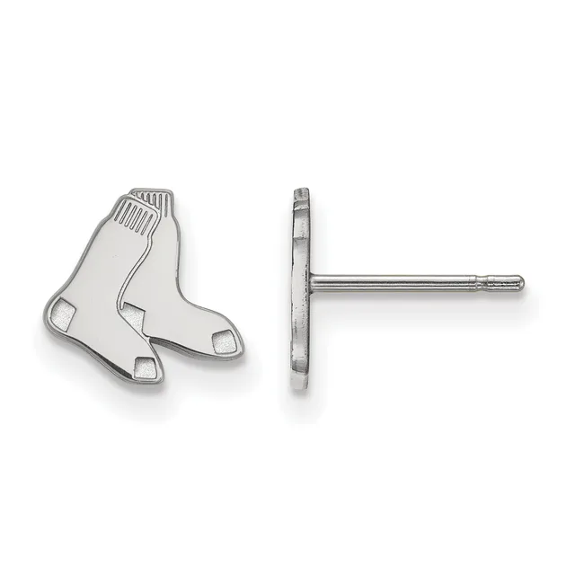 Pair of silver stud earrings shaped like Boston Red Sox socks, shown from front and back views, with posts and backs attached.
