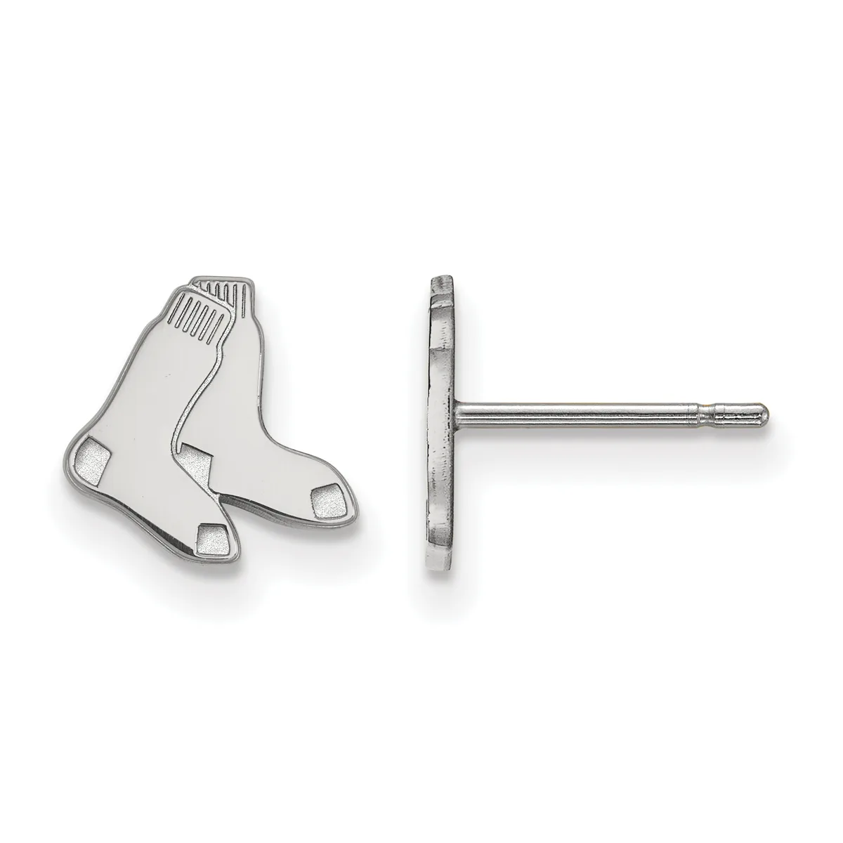 Pair of silver stud earrings shaped like Boston Red Sox socks, shown from front and back views, with posts and backs attached.