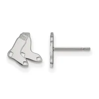 Pair of silver stud earrings shaped like Boston Red Sox socks, shown from front and back views, with posts and backs attached.