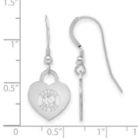 Pair of silver heart-shaped earrings with a small stamped hallmark, hanging from silver fish hook wires, displayed against a measurement scale.