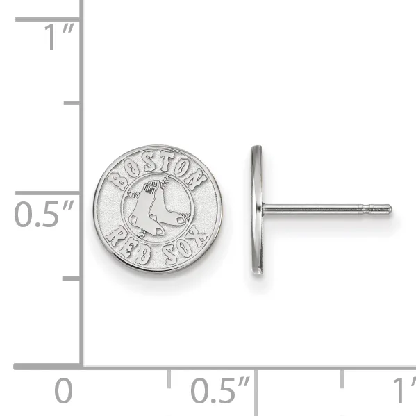 Silver circular stud earring with a stamped hallmark featuring a profile, shown front and side view next to a measurement ruler.