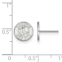 Silver circular stud earring with a stamped hallmark featuring a profile, shown front and side view next to a measurement ruler.