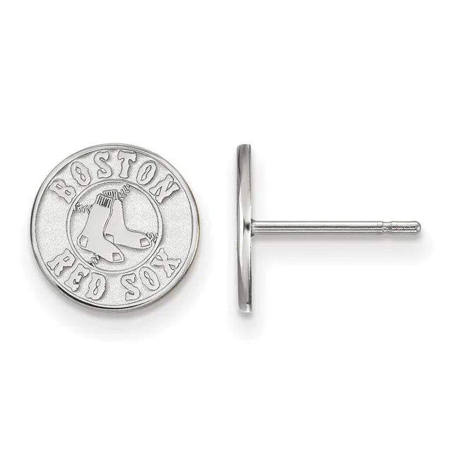 A pair of silver-colored circular stud earrings featuring a baseball team logo with a stylized sock design and text around the rim, shown from front and side views.
