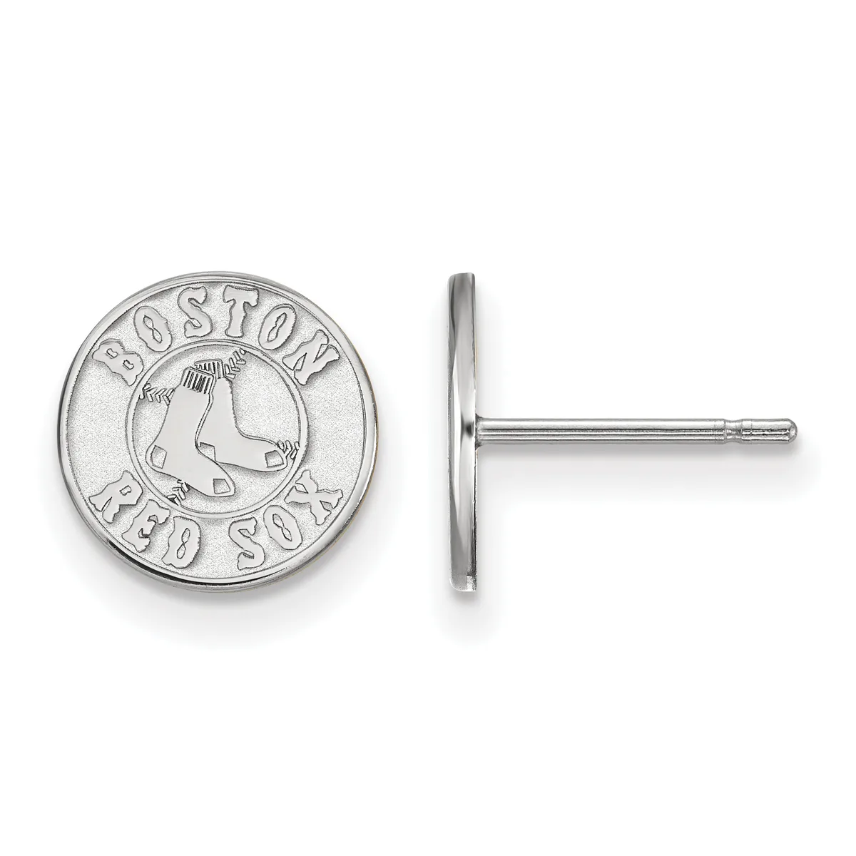 A pair of silver-colored circular stud earrings featuring a baseball team logo with a stylized sock design and text around the rim, shown from front and side views.