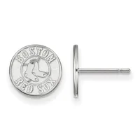 A pair of silver-colored circular stud earrings featuring a baseball team logo with a stylized sock design and text around the rim, shown from front and side views.