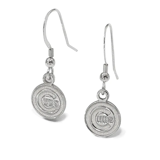 A pair of silver-toned dangle earrings with hook closures, each featuring a circular medallion pendant with concentric rings and a small stamped hallmark in the center.