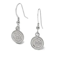 A pair of silver-toned dangle earrings with hook closures, each featuring a circular medallion pendant with concentric rings and a small stamped hallmark in the center.