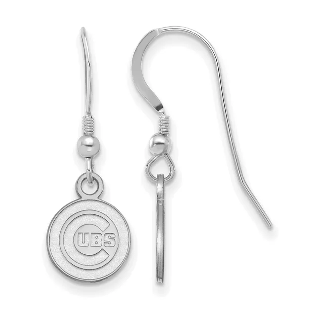 Pair of silver-toned dangle earrings with fish hook closures, each featuring a circular pendant with concentric rings and a small stamped hallmark.