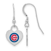A pair of silver-toned heart-shaped dangle earrings with a blue and red circular logo, shown front and back views with French wire hooks.