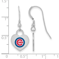 Pair of silver-toned heart-shaped dangle earrings with a blue and red circular logo, displayed next to a measurement ruler.