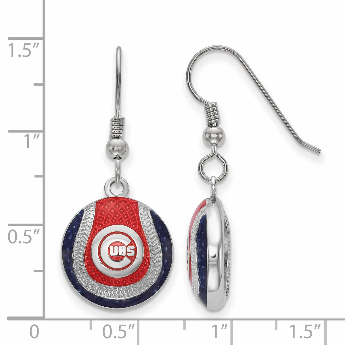 Pair of dangle earrings featuring navy blue and red enamel baseball-shaped charms with silver-tone metal accents, shown front and side view with measurement scale.
