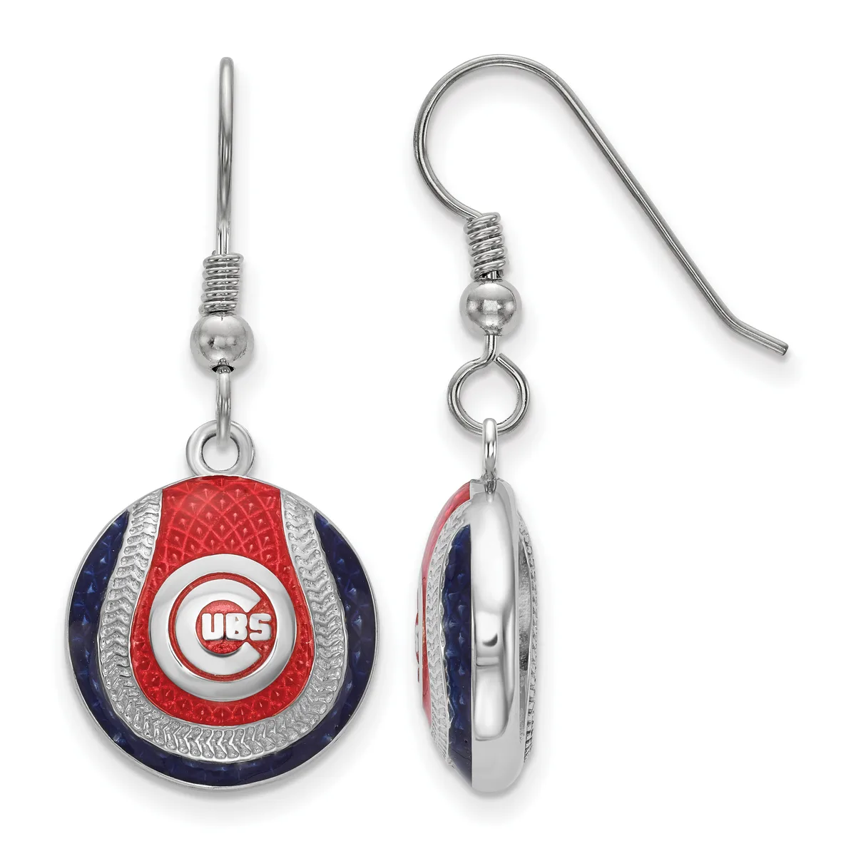 A pair of circular dangle earrings with red, white, and navy blue enamel stripes, shown from front and side views, suspended from silver-toned fishhook wires with decorative bead caps.