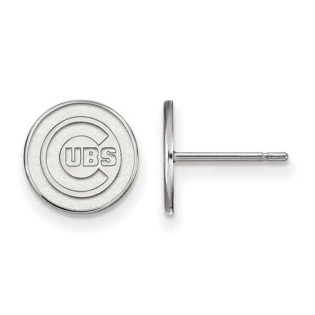 A pair of silver-colored circular stud earrings with concentric rings and a small stamped hallmark, shown from front and side views.