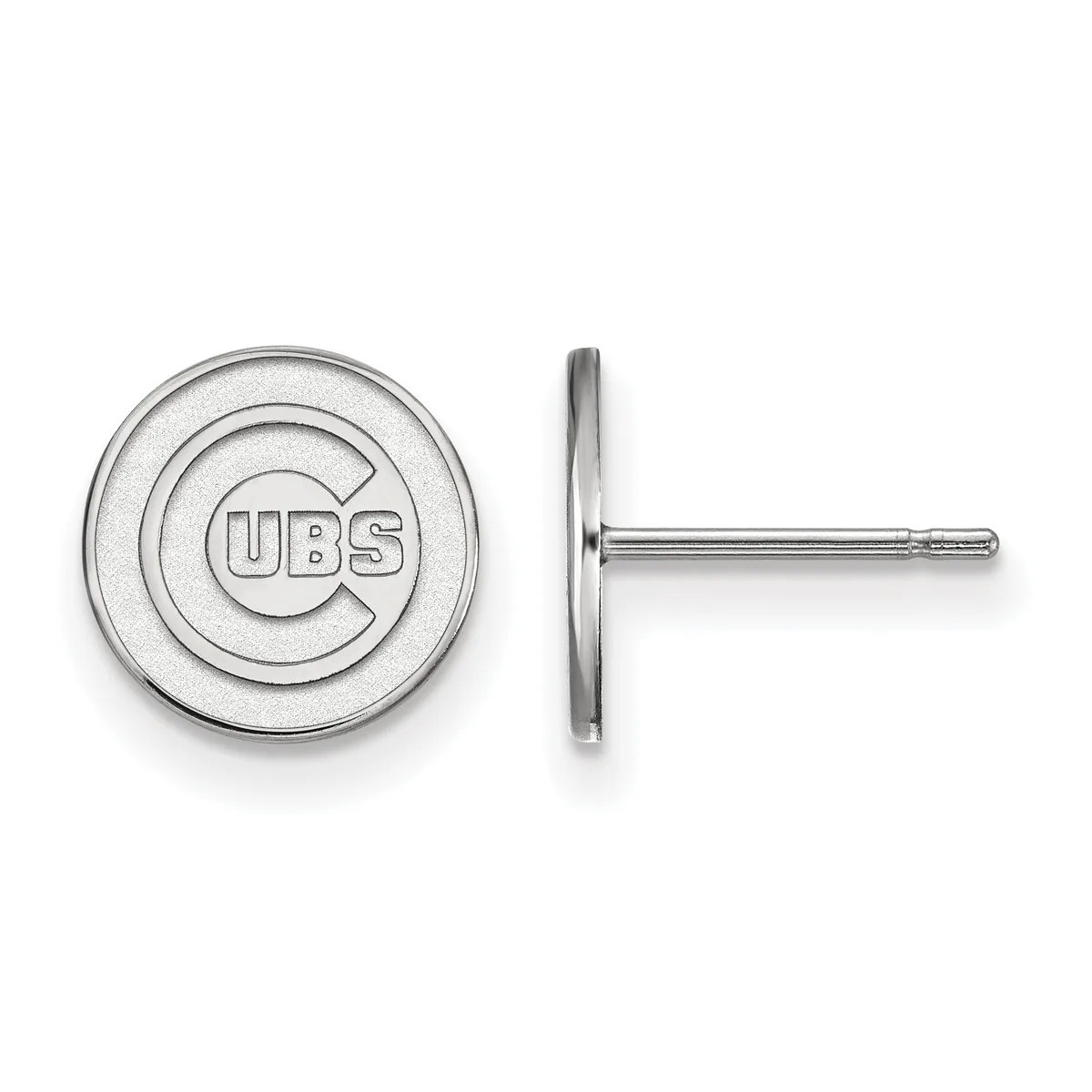 A pair of silver-colored circular stud earrings with concentric rings and a small stamped hallmark, shown from front and side views.