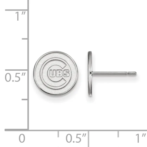 Small circular stud earrings with concentric ring design and post backs, shown front and side view against a measurement scale.