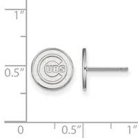 Small circular stud earrings with concentric ring design and post backs, shown front and side view against a measurement scale.