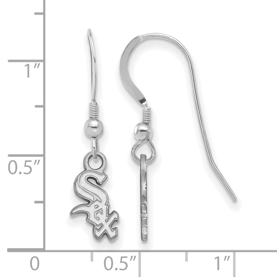 Pair of silver-toned dangle earrings with hook backs, featuring a decorative logo charm, displayed next to a measurement ruler.