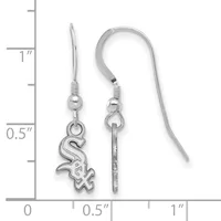 Pair of silver-toned dangle earrings with hook backs, featuring a decorative logo charm, displayed next to a measurement ruler.
