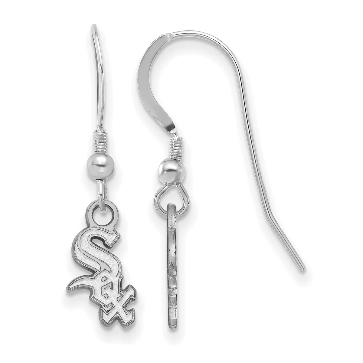 Pair of silver earrings with fish hook wires, each featuring a small ball and bead detail above a dangling charm shaped like a stylized logo.