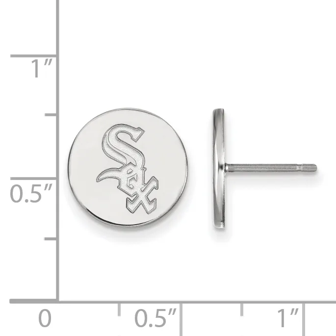 Silver-colored round stud earrings with a team logo, shown front and side view next to a measurement scale indicating approximately 0.5 inches in diameter.