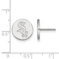 Silver-colored round stud earrings with a team logo, shown front and side view next to a measurement scale indicating approximately 0.5 inches in diameter.